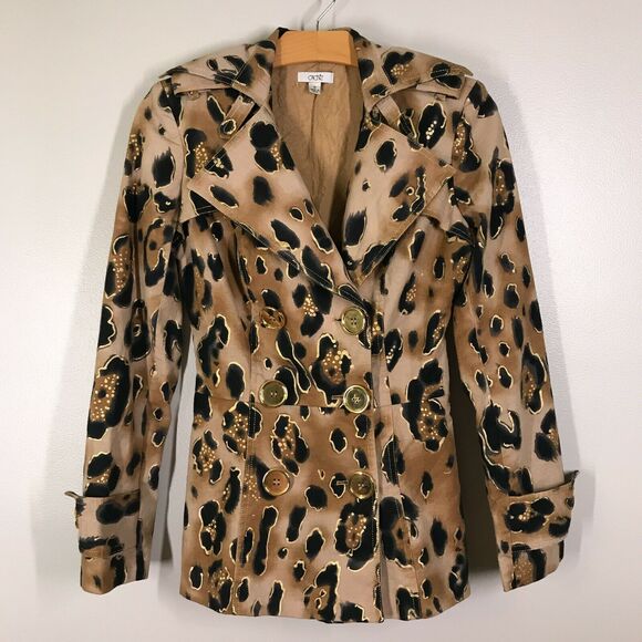 Cache Tan Metallic Leopard Print Trench Coat - Picture 1 of 9